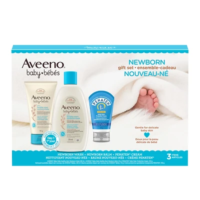 Ensemble-cadeau Départ sain pour nouveau-nés Aveeno Baby, nettoyant pour nouveau-nés, baume pour nouveau-nés, crème Penaten, sans parfum, 3 produits