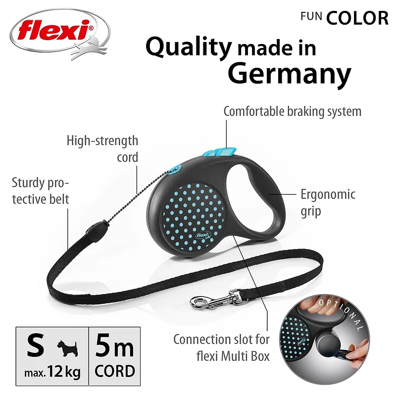 Flexi FUN Dots Small Retractable Dog Leash, Blue, 5m/16ft