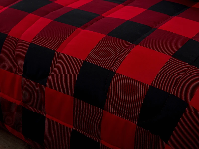 Marina Decoration Ultra Soft Luxury Fluffy Goose Down Alternative Bed in a Bag Rich Printed Comforter Set Includes Sheet Set, Red Black Plaid Pattern