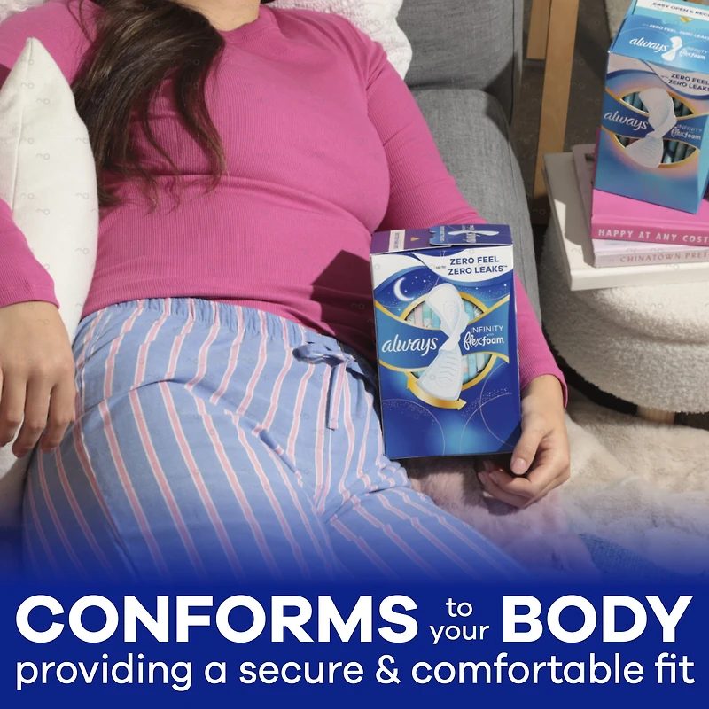 Always Infinity FlexFoam Pads for Women, Size 4, Overnight Pad with Wings, Unscented, 38 Count