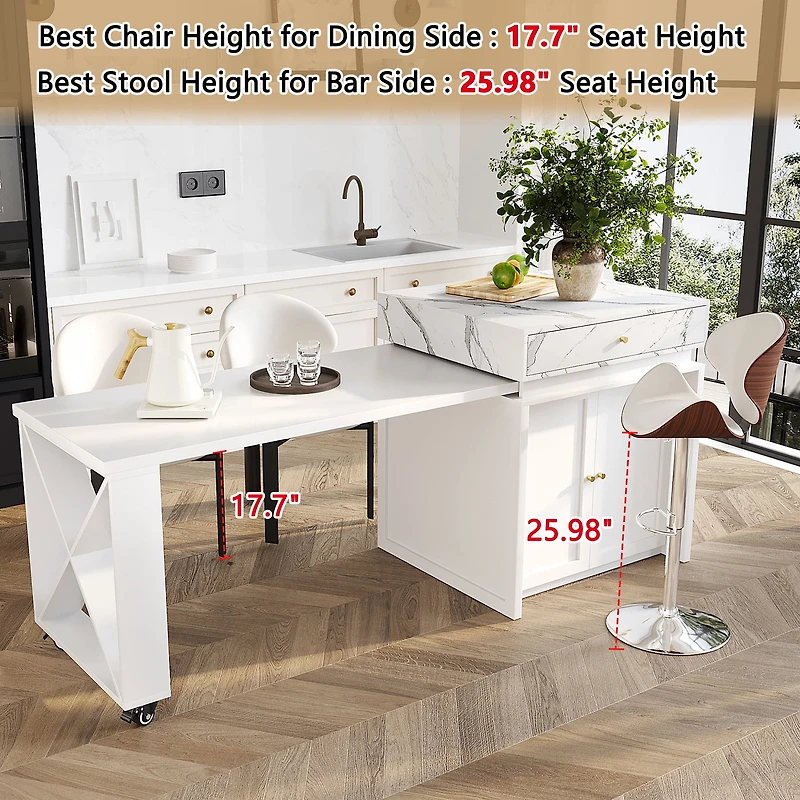 Noble House Modern Imitation Marble Counter Height Table,Extendable Kitchen Island Cart,White