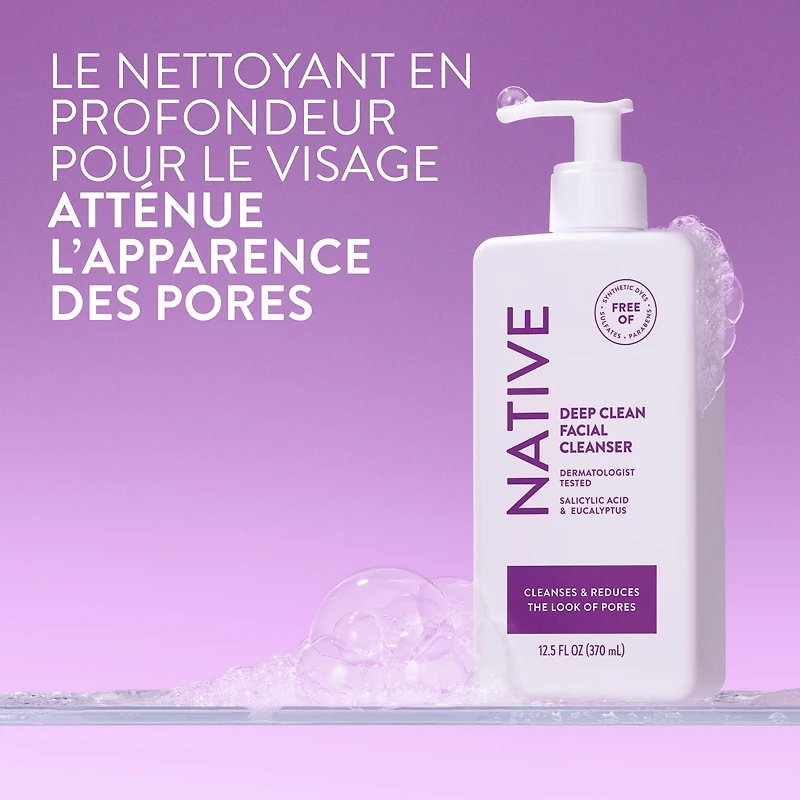 Native Deep Cleansing Facial Cleanser, for oily to combination skin, Sulfate Free, with Salicylic Acid and Eucalyptus, Dermatologist Tested, 370mL