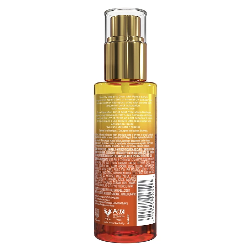 Dove Sérum + Huile Biphase Protection UV Réparation UV et Éclat 70 H de Protection Anti-Dommages UV, 115 ml
