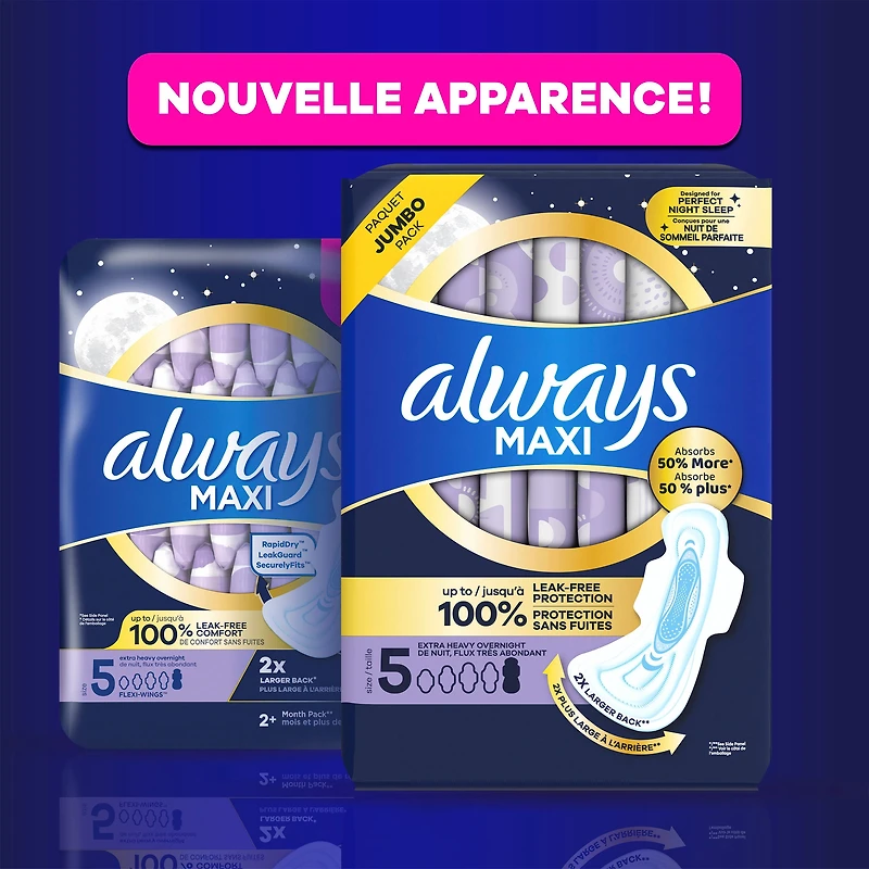 Always Maxi Overnight Pads with Wings for Women, Size 5, Extra Heavy Overnight Absorbency, Unscented