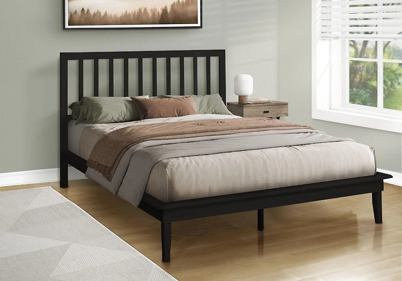 Monarch Specialties Bed, Platform Bed, Queen Size, Frame Only, Bedroom, Black Wood Frame, Black Wood Legs, Contemporary