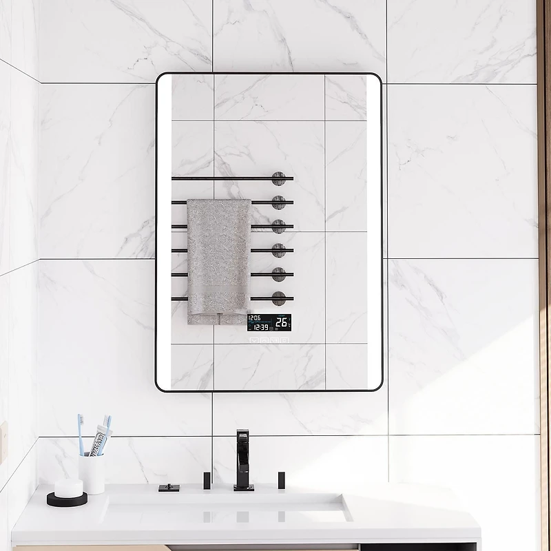 Ecoway Luna LED Mirror, Lighted Bathroom Mirror Wall Mounted Vanity Mirror with Bluetooth Speaker, Anti-Fog and Clock