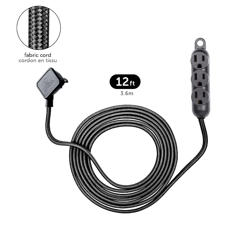Globe Electric 12 ft. 3-Outlet 16/3 Black Fabric Extension Cord with Right-Angle Plug and Integrated Hanging Hook