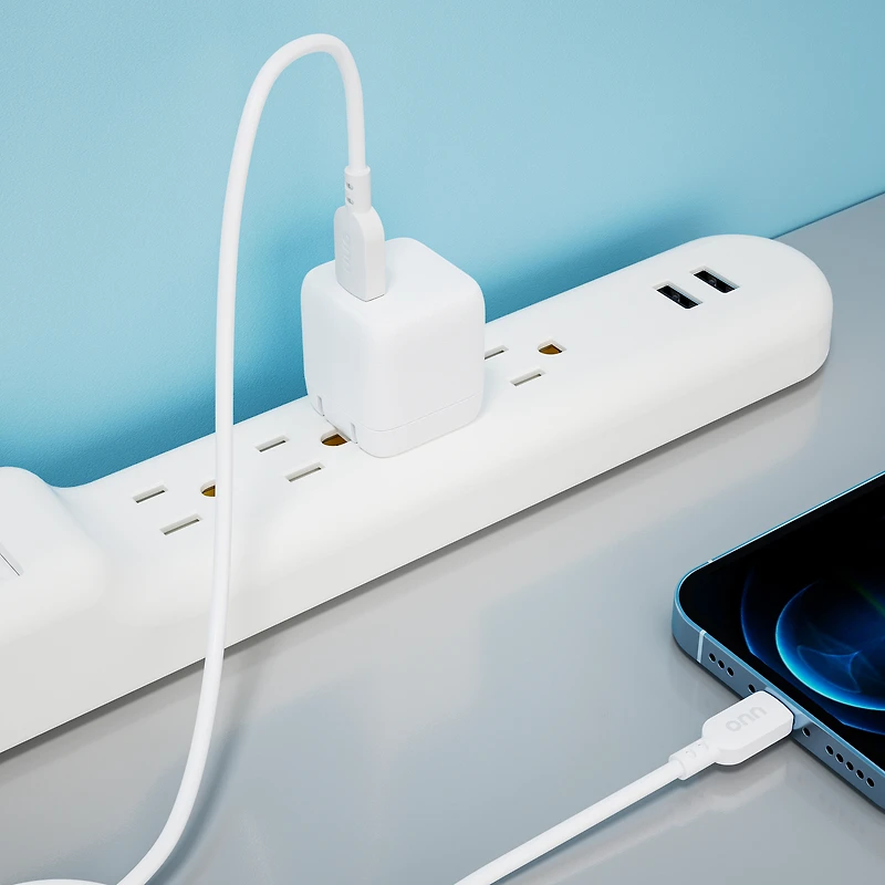 onn 20W Single USB-C Port Wall Charger with 3ft Lighting to C Cable, Fast Charging, MFI & USB-IF Certified, Foldable Plug, White
