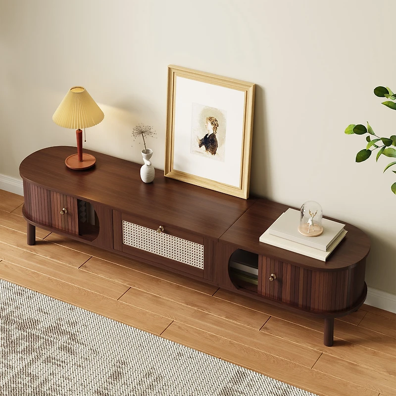 Noble House TV Cabinet with Bamboo Slat Doors & Rattan Drawers, Rustic Media Console Storage Solution, Natural