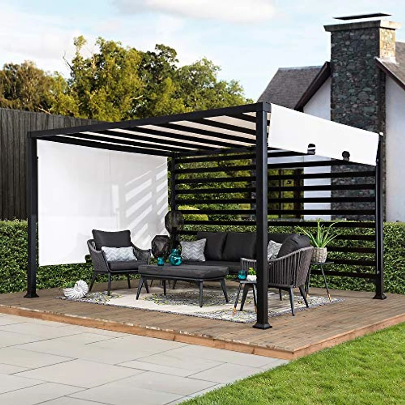 Sunjoy 10 ft. x 12 ft. Outdoor Pergola Modern Metal Pergola with White Adjustable Canopy and Privacy Wall