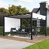 Sunjoy 10 ft. x 12 ft.  Outdoor Pergola Modern Metal Pergola with White Adjustable Canopy and Privacy Wall
