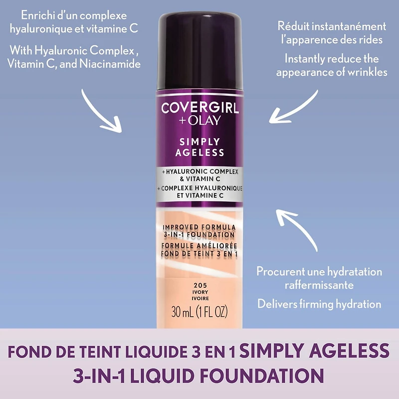 COVERGIRL Simply Ageless 3-in-1 Liquid Foundation Infused with Hyaluronic Complex, Vitamin C and Niacinamide - Hydrating Formula, 100% Cruelty-Free