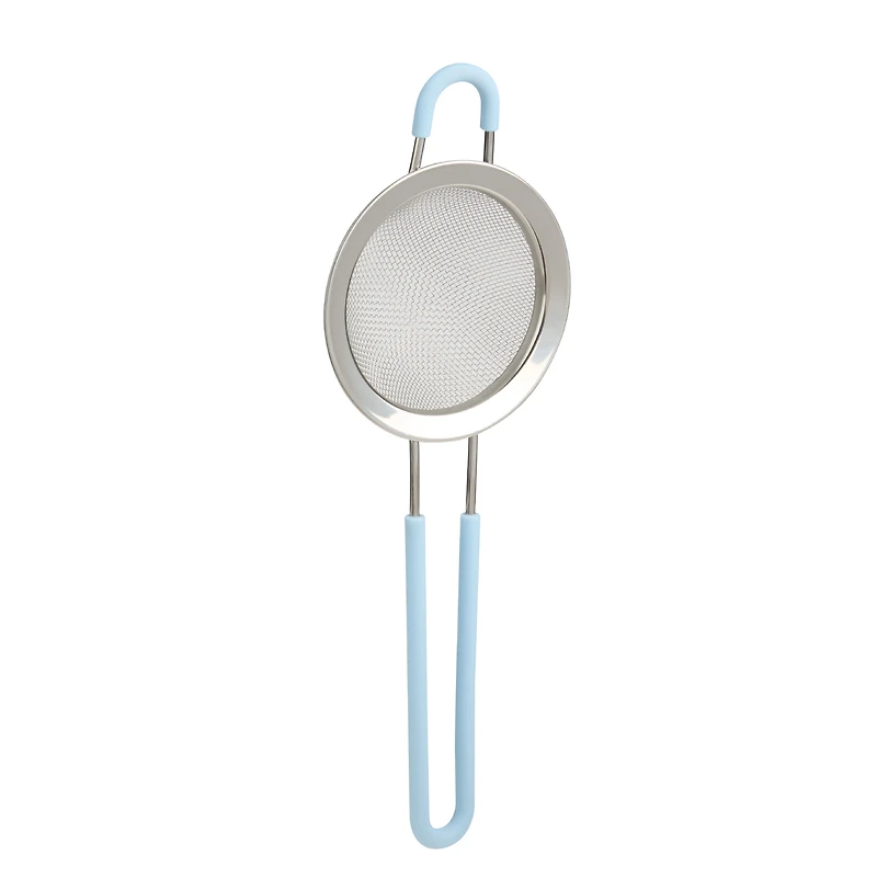 Mainstays Fine Mesh Drain and Catch Strainer with Silicone Covered Handle, 23.8 cm Basket, Hands-free Hook, Kitchen Tool, Blue