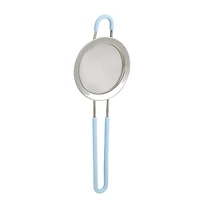 Mainstays Fine Mesh Drain and Catch Strainer with Silicone Covered Handle, 23.8 cm Basket, Hands-free Hook, Kitchen Tool, Blue