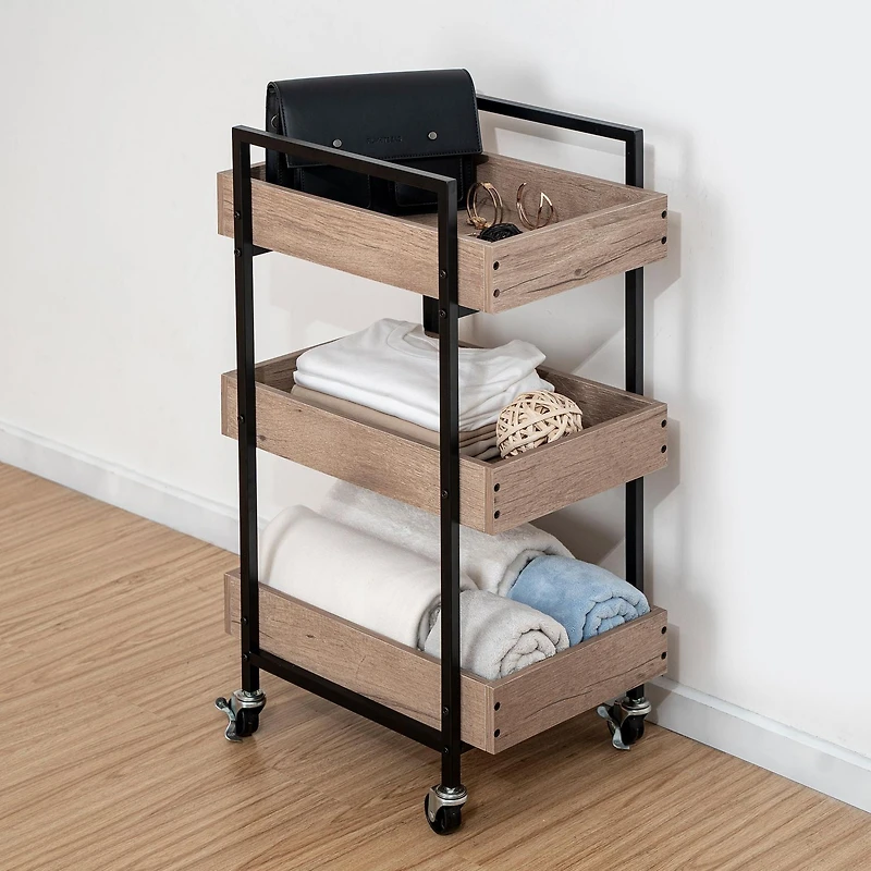 Better Homes & Gardens 3-Tier Wooden & Steel Rolling Utility Cart; Durable Metal Frame; Natural Oak and Black Metal Finish with Locking Casters.