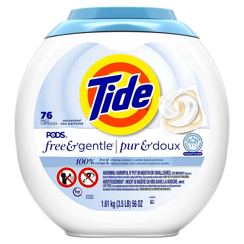 Tide Capsules Pur & Doux Détergent à Lessive Pacs de Savon, Tide Capsules Détergent à Lessive, Pacs de Détergent à Lessive, Détergent à Lessive en Capsules, 76 Unités