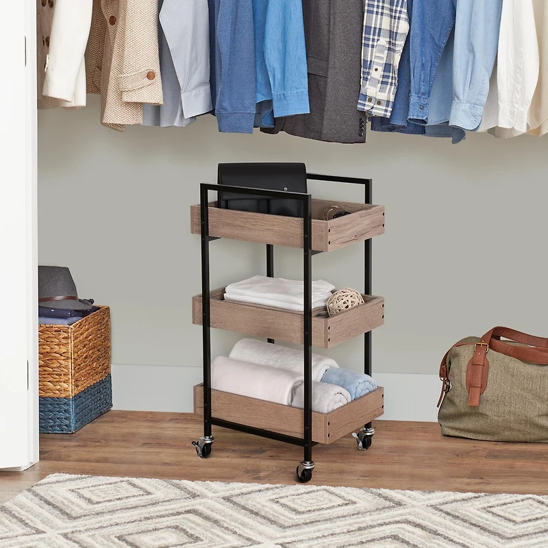 Better Homes & Gardens 3-Tier Wooden & Steel Rolling Utility Cart; Durable Metal Frame; Natural Oak and Black Metal Finish with Locking Casters.