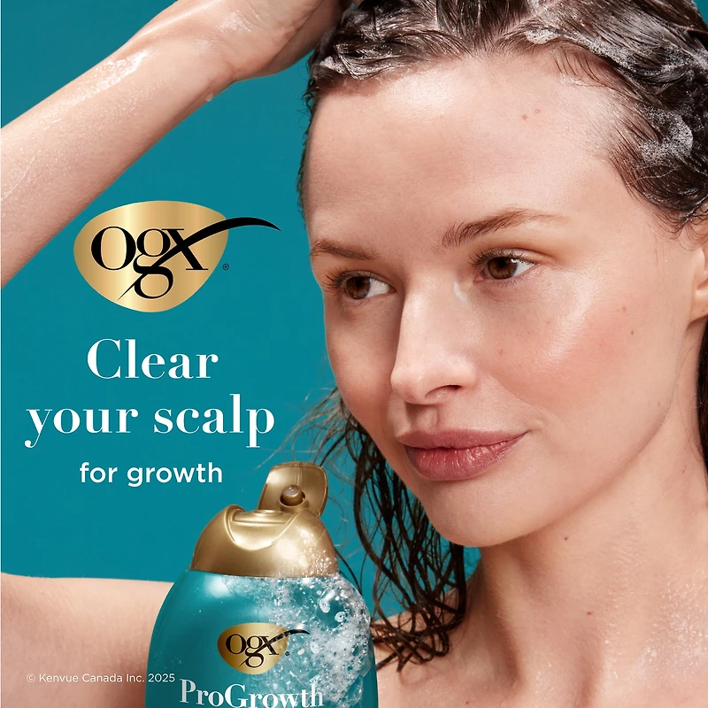 OGX ProGrowth + Peptide Clarifying Shampoo, Gentle Exfoliating Scalp Shampoo Supports Natural Hair Growth by Removing Scalp Build-Up, 1.5% Mandelic Acid