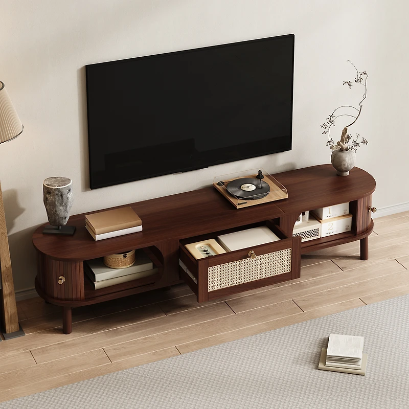 Noble House TV Cabinet with Bamboo Slat Doors & Rattan Drawers, Rustic Media Console Storage Solution, Natural