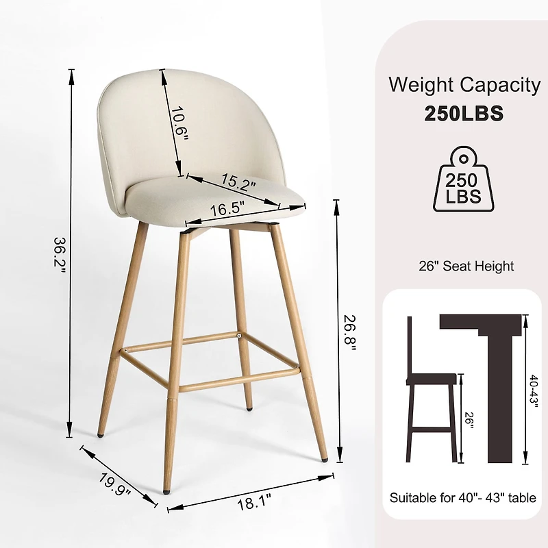 Homy Casa Set of 2 Modern Barstools with Fabric Upholstery and Wooden Legs - 26 in. Seat Height