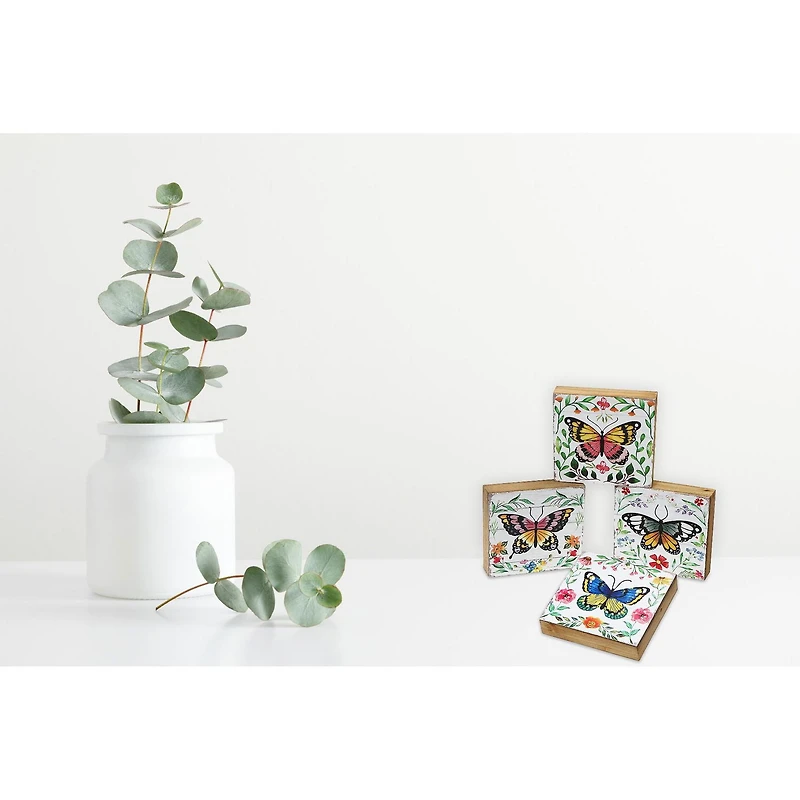 IH Casa Decor Square Wood Blocks Butterfly Asstd - Set of 4