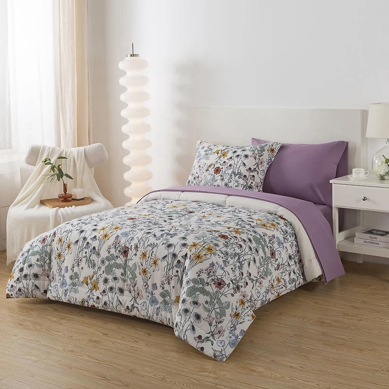 Mainstays All in One Reversible Comforter and Sheet Set, 7-Piece, Full, White Multi Floral