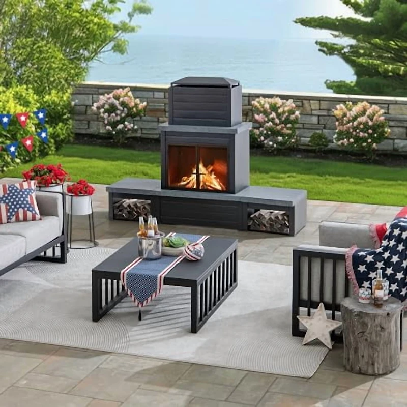 Sunjoy Wood Burning Fireplace, Matte Black Outdoor Steel Fireplace with Chimney, Log Holders, Fireplace Tool, and PVC Cover