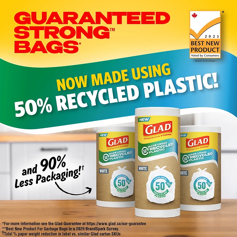 Sacs à ordures blancs Glad ‒ Sacs longs de 45 litres, faits à 50 % de plastique recyclé, rouleau de 28 sacs