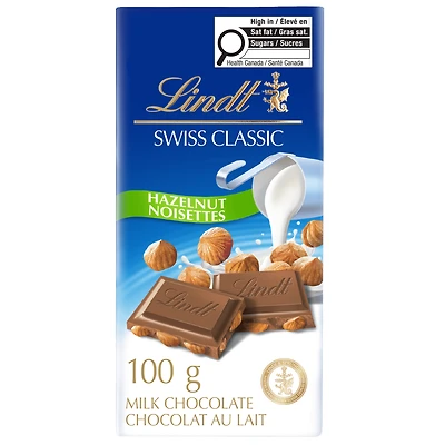 Lindt SWISS CLASSIC Hazelnut Milk Chocolate Bar, 100 Grams