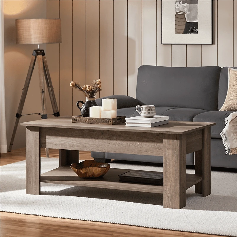Fullfurnique Lift Top Coffee Table with Large Hidden Compartment and Storage Open Shelf, Gray