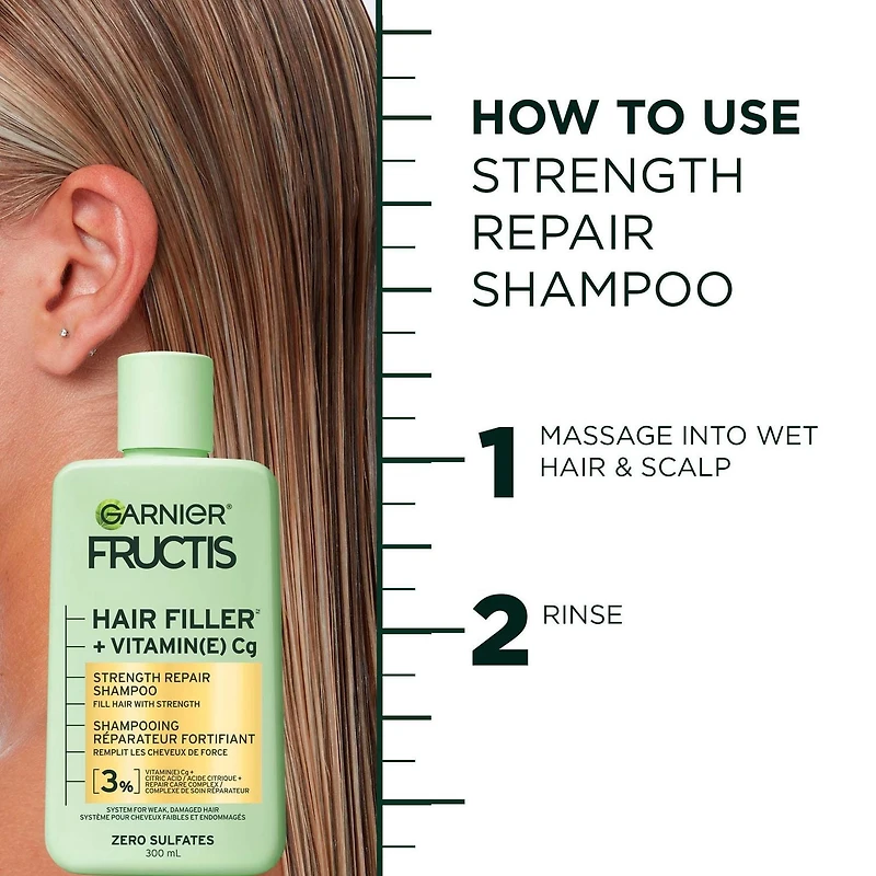 Garnier Fructis Hair Filler + Vitamin C Strength Repair Sulfate-Free Shampoo, for Weak Damaged Hair, up to Breakage & 79% More Strength