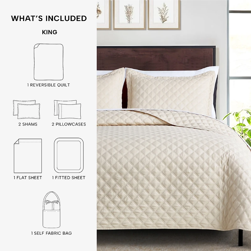 Mainstays All in One Lightweight Quilt Set and Sheet Set -7 Piece, King, Beige