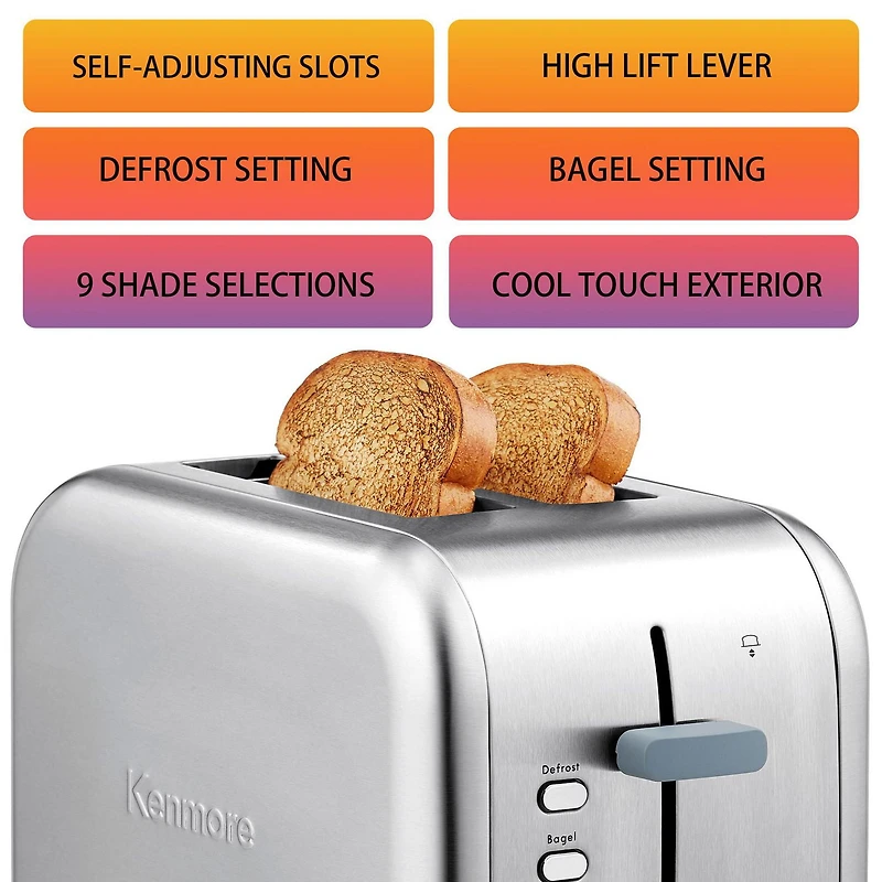 Kenmore 2-Slice Stainless Steel Toaster, Silver & Grey, Extra Wide Slots, Bagel & Defrost Functions
