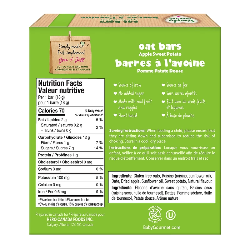 Simply Gourmet Apple Sweet Potato Oat Bars, Gluten Free Toddler Snack for Self-Feeders 12 Months+, 18g Bar (5 Pack), 90g