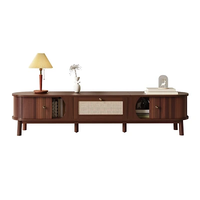 Noble House Meuble TV avec Portes à Lattes en Bambou et Tiroirs en Rotin, Solution de Rangement pour Console Multimédia Rustique, Naturel
