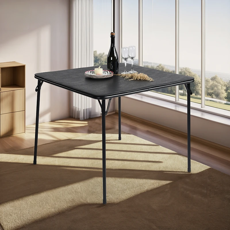 Homy Casa 33.9" Square Folding Table, Black PVC Top with Metal Legs for Dining, Game Room, Party and Small Spaces