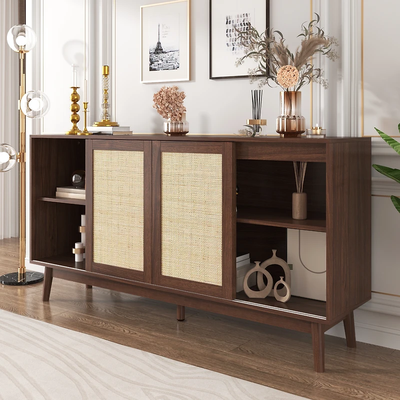 Noble House 61" Sideboard with Real Rattan Sliding Doors & 2 Drawers, Breathable Sturdy Storage Cabinet,Walnut Wood