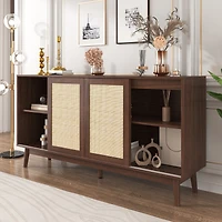Noble House 61" Sideboard with Real Rattan Sliding Doors & 2 Drawers, Breathable Sturdy Storage Cabinet,Walnut Wood