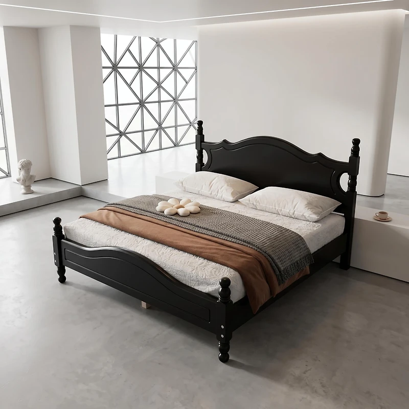 Homy Casa Full/Double Bed Frame 56.2" W with Wood Slats, Arched Headboard and Footboard for Bedroom, Guest Room, Apartment, Black