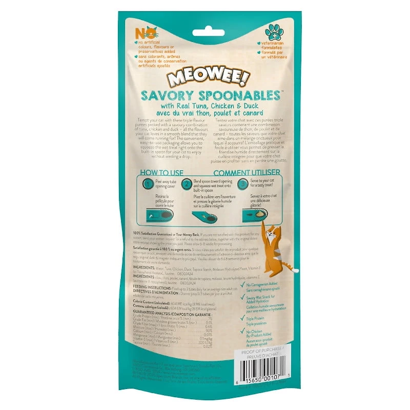 Meowee Lickable Cat Treats, Squeezable Wet Cat Snack with Tuna, Chicken & Duck, Built-In Spoon, 4 Pack (56 g)