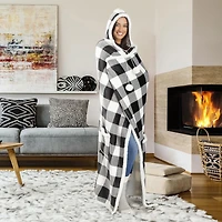 Safdie & Co. Premium Hoodzy Wearable Hooded Throw Blanket Buffalo Plaid White and Black with Sherpa