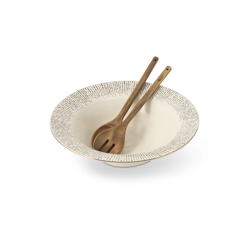 Thyme & Table Riley 3-Piece Serving Bowl with Acacia Serving Spoon and Fork Set
