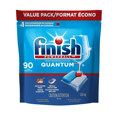 Finish Quantum Dishwasher Detergent Pods, 3-Chamber Formula with Powerball Action, No Pre-Rinse, Grease & Stain Removal, Scrubs Dried-On Food, Deep Clean & Sparkling Shine, 90 Tabs