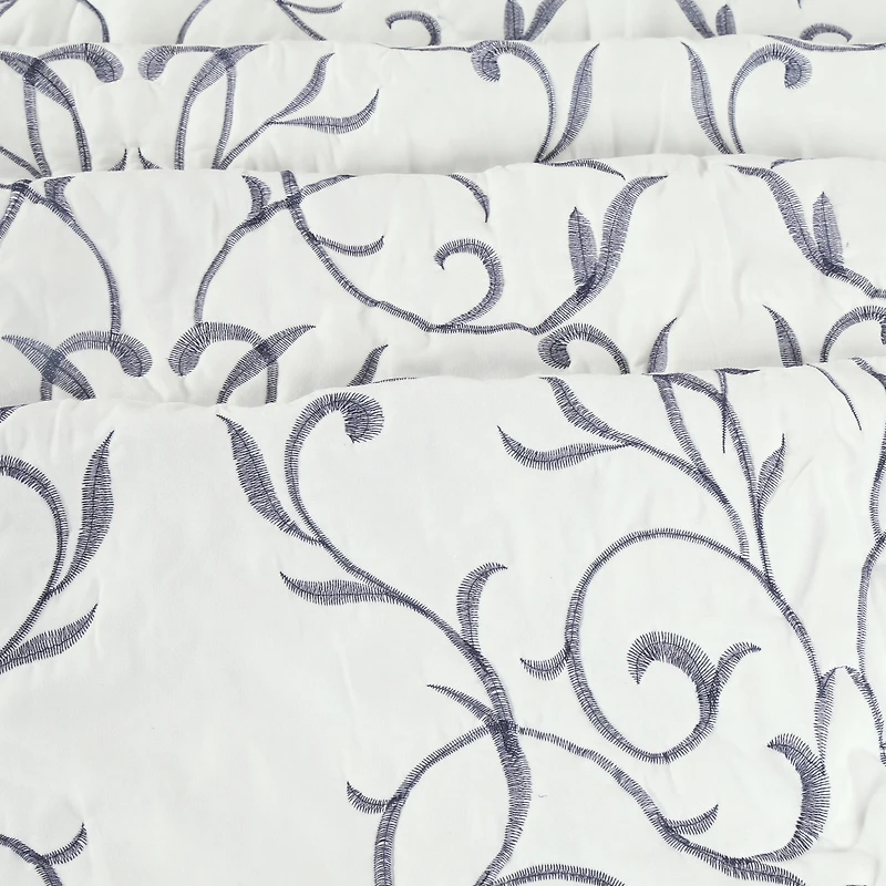 Marina Decoration Embroidered Stitching Coverlet Bedspread Ultra Soft Solid Bedding Summer Quilt Set with Quilted Sham, Navy Blue Branch Pattern