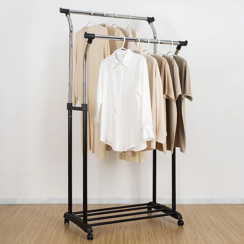 Vêtu de vêtements à double tige Mainstays, organisateur de vêtements roulant, noir/chrome, design évasé, hauteur réglable, rangement de vêtements longs et courts