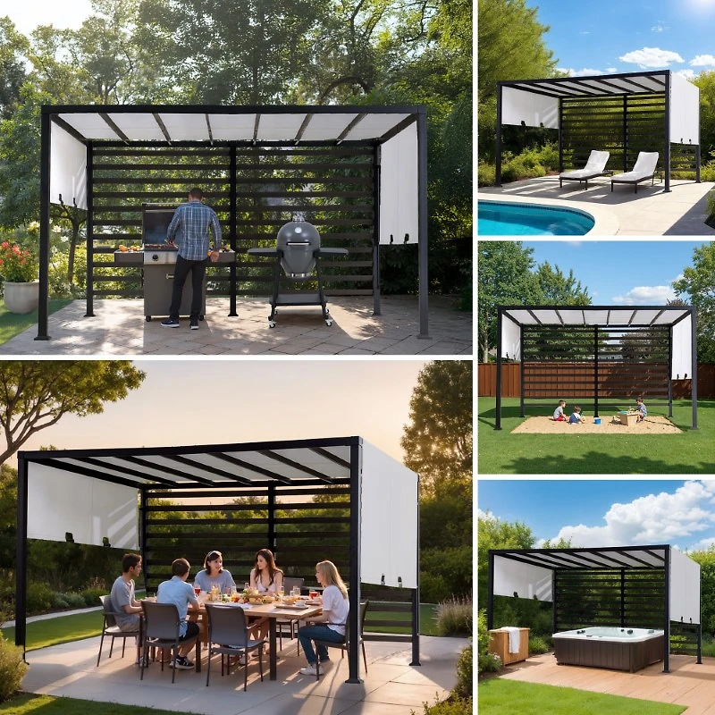 Sunjoy 10 ft. x 12 ft. Outdoor Pergola Modern Metal Pergola with White Adjustable Canopy and Privacy Wall