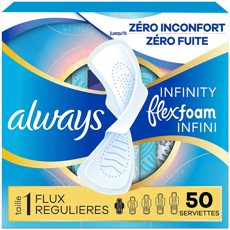 Serviettes Always Infini FlexFoam, régulières avec ailes, pour femmes, taille 1, sans parfum, 50 serviettes