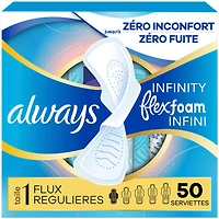 Serviettes Always Infini FlexFoam, régulières avec ailes, pour femmes, taille 1, sans parfum, 50 serviettes