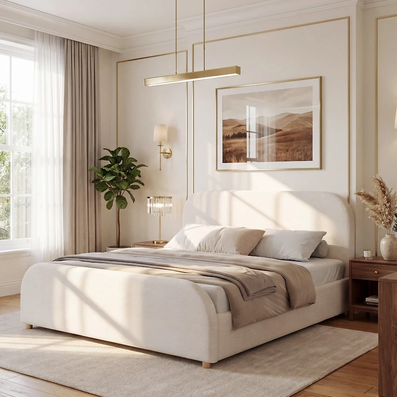 Noble House King Size Linen Upholstered Platform Bed, Beige