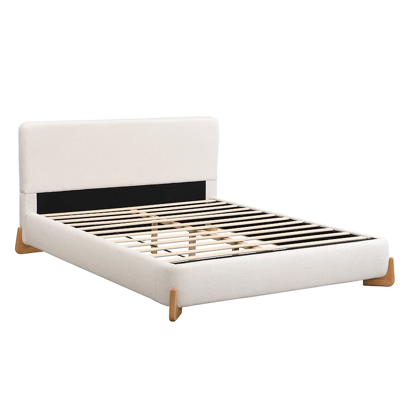 Noble House Elegant Boucle Upholstered Bed, Queen Size, White